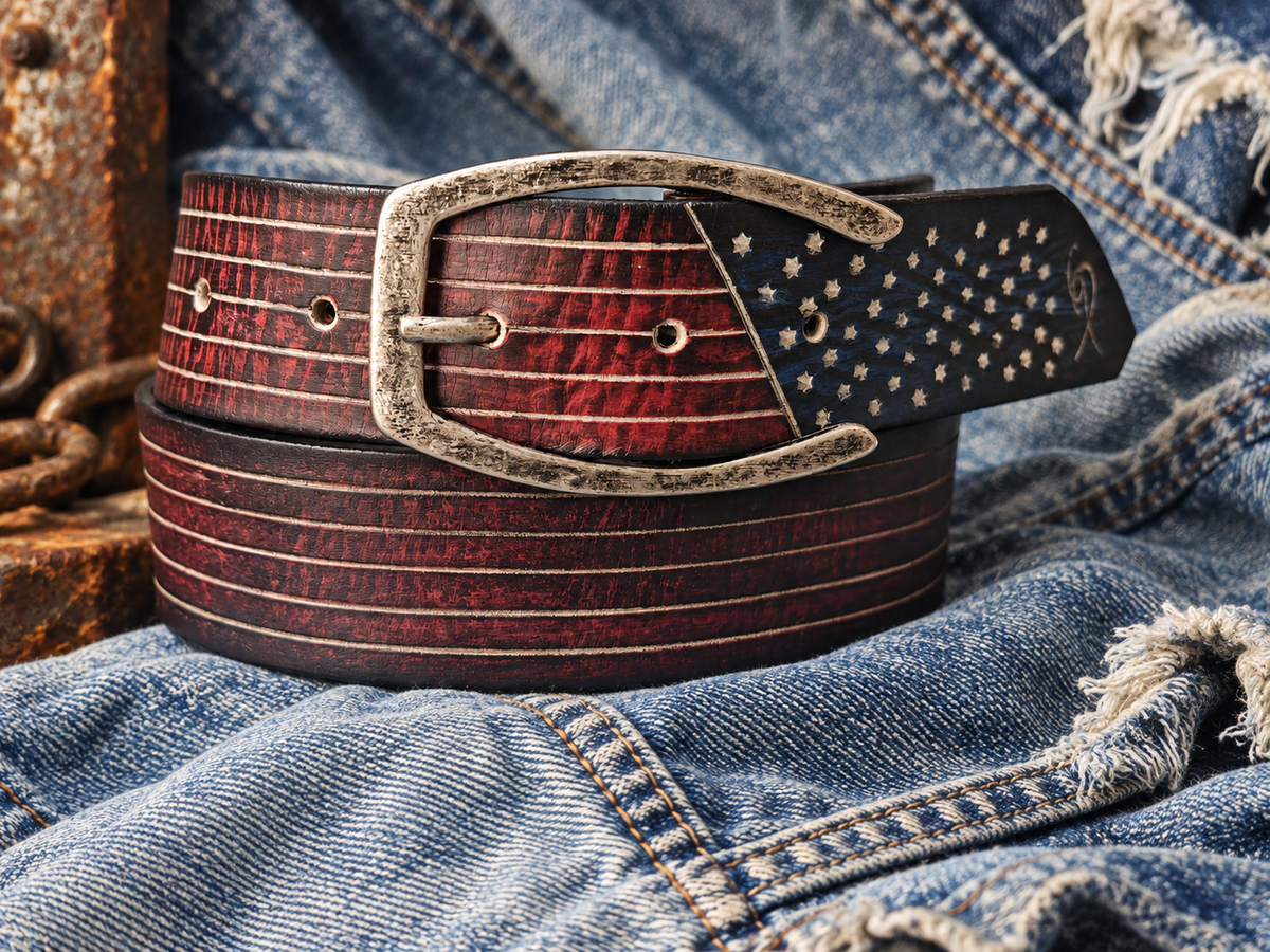 Handmade American Flag Leather Belt with Horseshoe Buckle - 42cm Wide Vintage Style for American Lovers