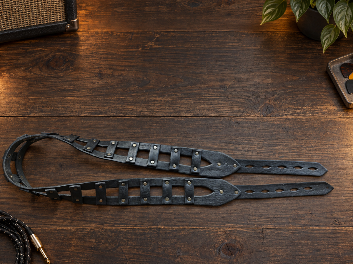 Black Leather Guitar Strap with Brass Rivets - Personalized Musician Gift