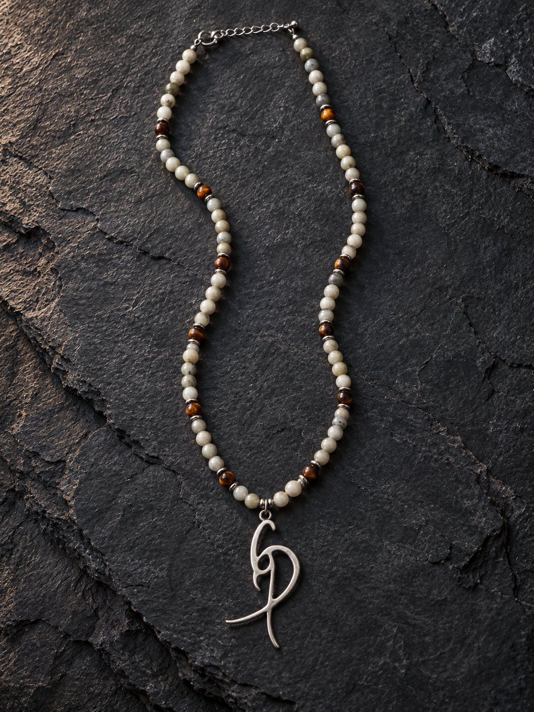 Men’s Cream & Brown Beaded Necklace with Signature Silver-Tone Pendant