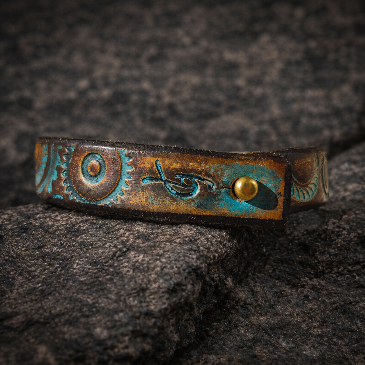 Handcrafted Steampunk Leather Bracelet - 1.5 cm Brown & Turquoise Motorcycle Gear Design by ISHAOR