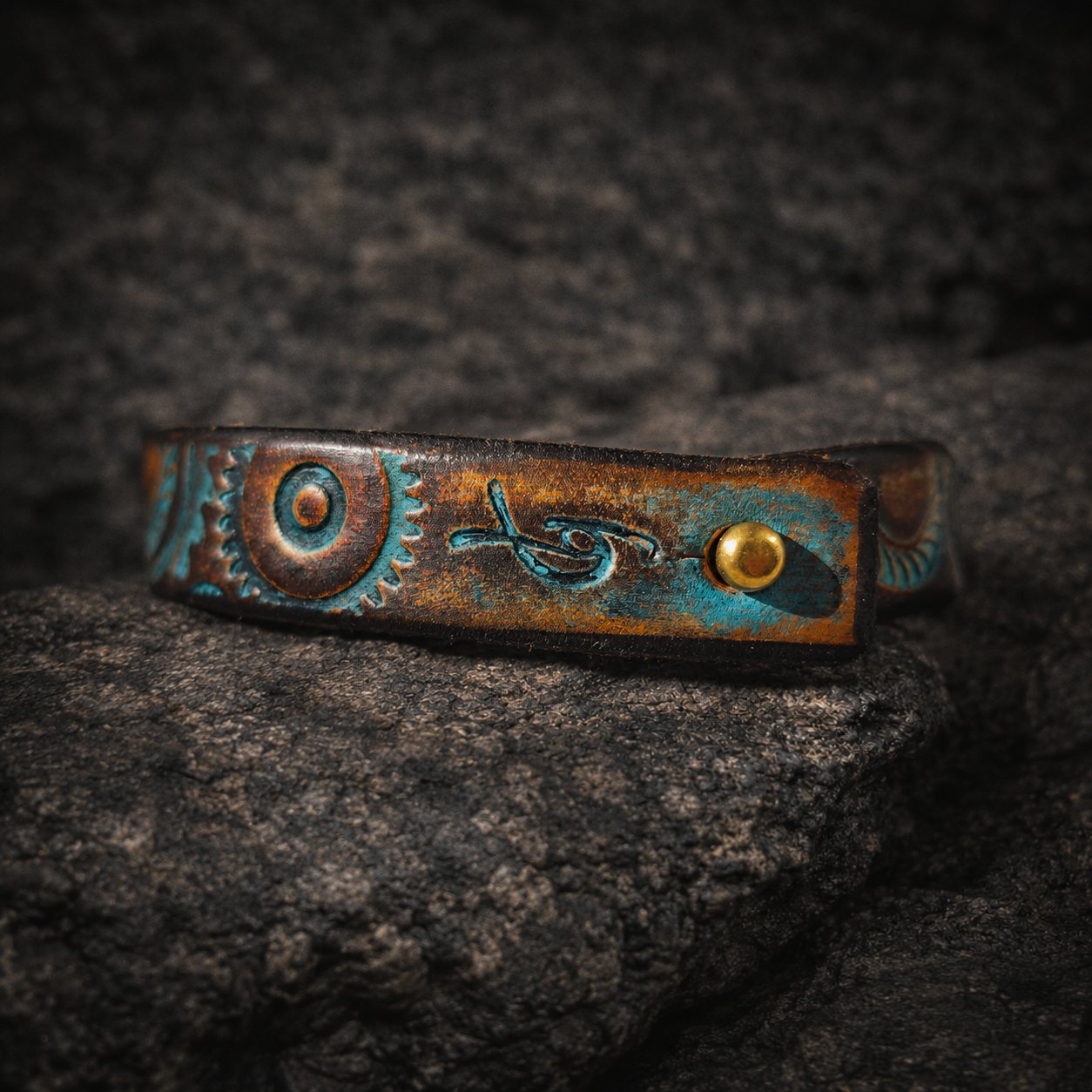 Handcrafted Steampunk Leather Bracelet - 1.5 cm Brown & Turquoise Motorcycle Gear Design by ISHAOR