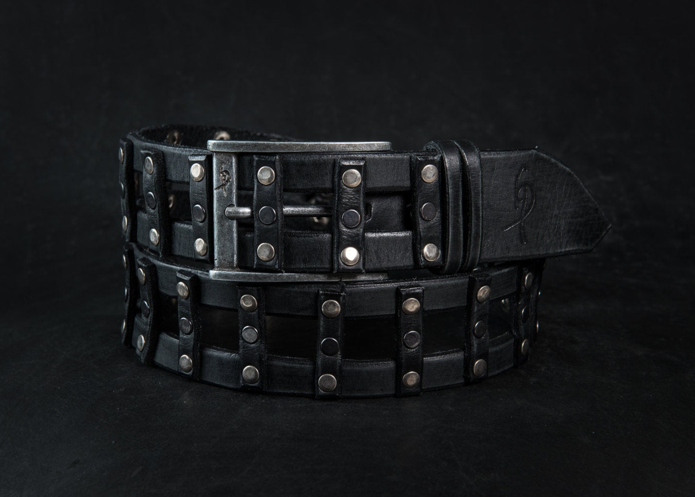 Stylish Handcrafted Rivet Studded Black Leather Mens Belt - Unique Artisan Design for Mens Fashion