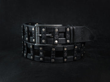 Stylish Handcrafted Rivet Studded Black Leather Mens Belt - Unique Artisan Design for Mens Fashion