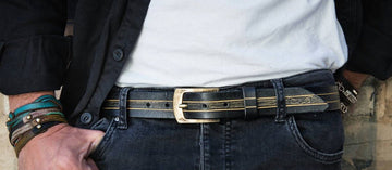 Black Leather Belt with carved golden lines and a metal buckle