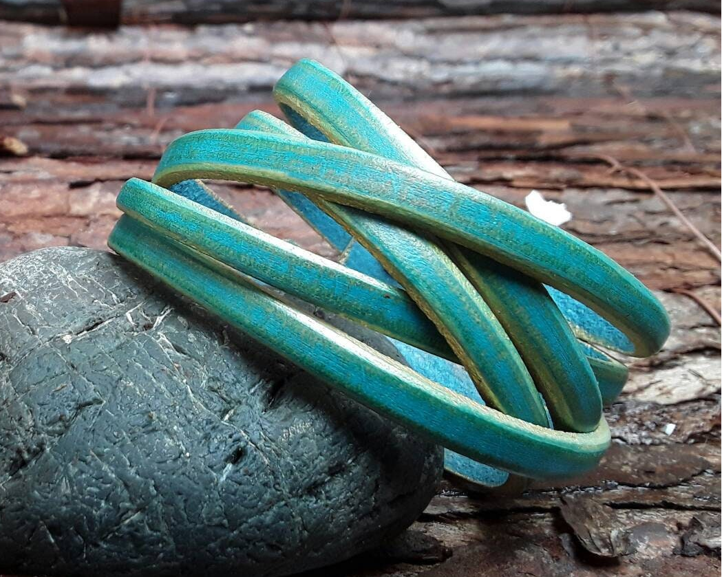 Turquoise Leather Cuff Bracelet for Men - Genuine Leather Wrap Style