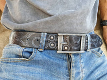 Brown Leather Bikers Belt - Steampunk Style - Ishaor - Embossed Gear Design