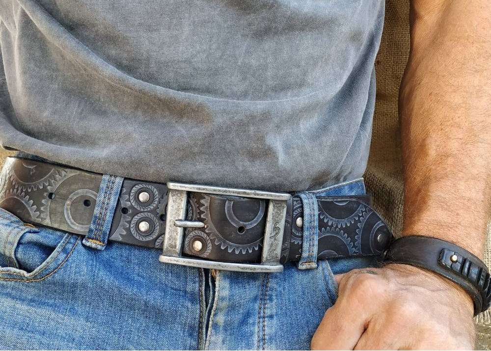 Brown Leather Bikers Belt - Steampunk Style - Ishaor - Embossed Gear Design