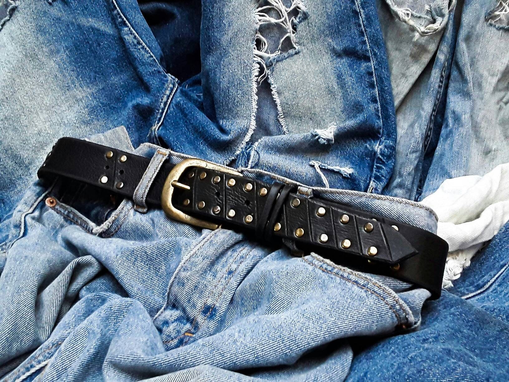 Unique Rustic Leather Mens Belt - Rocker Style Wide Buckle with Bronze Creative Rivets - Artisan Fashion Accessory