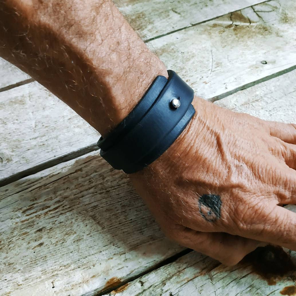 Mens Black Leather Cuff Bracelet - Boho Wristband Gift