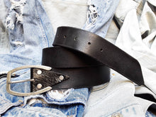 Personalized Black Leather Belt with Silver Horse Shoe Buckle - Perfect Gift Option