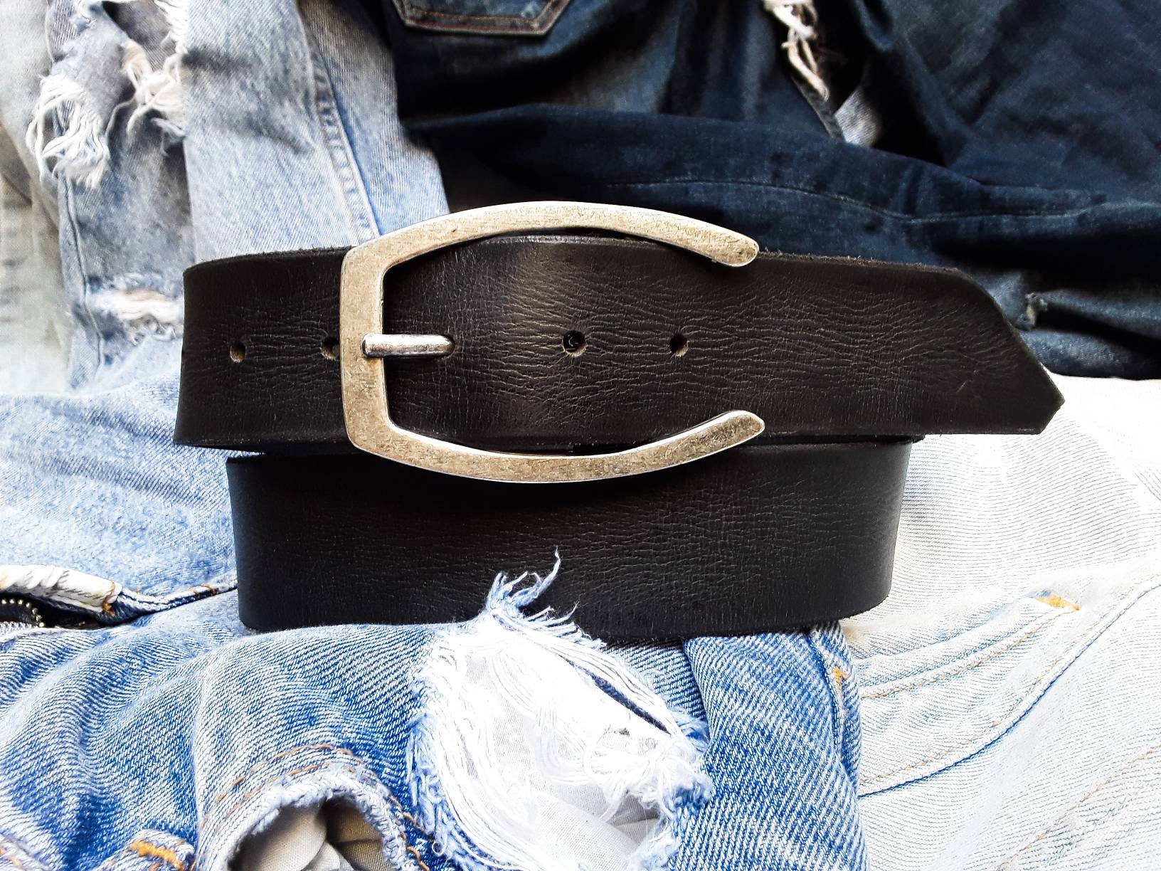 Personalized Black Leather Belt with Silver Horse Shoe Buckle - Perfect Gift Option