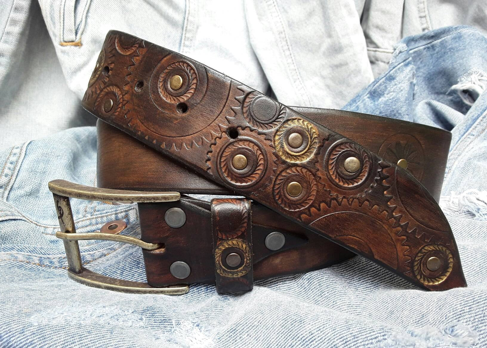 Dark Leather Mens Belt - Artistic Buckle Rustic Style Unique Fashion Accessory