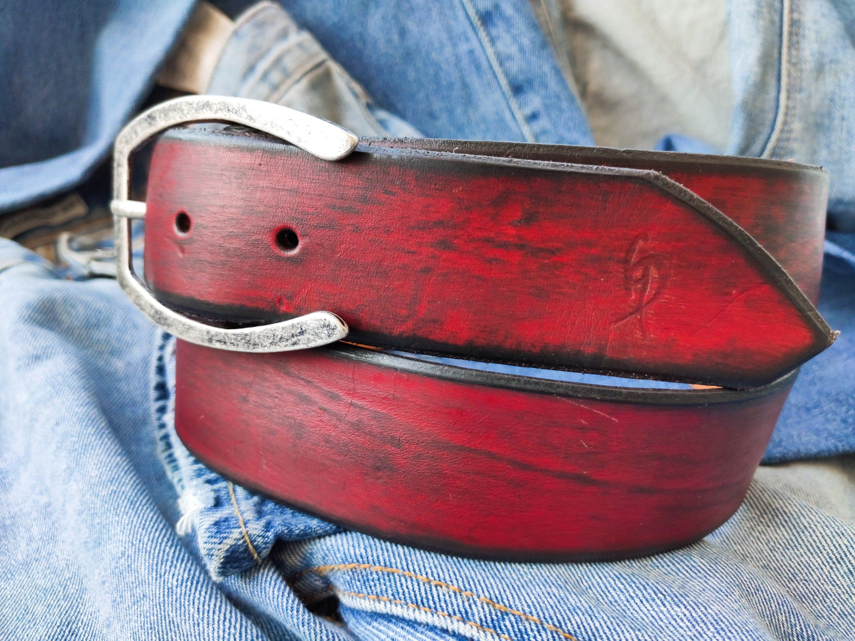 Red Leather Mens Belt Customizable Genuine Leather Accessory for Him
