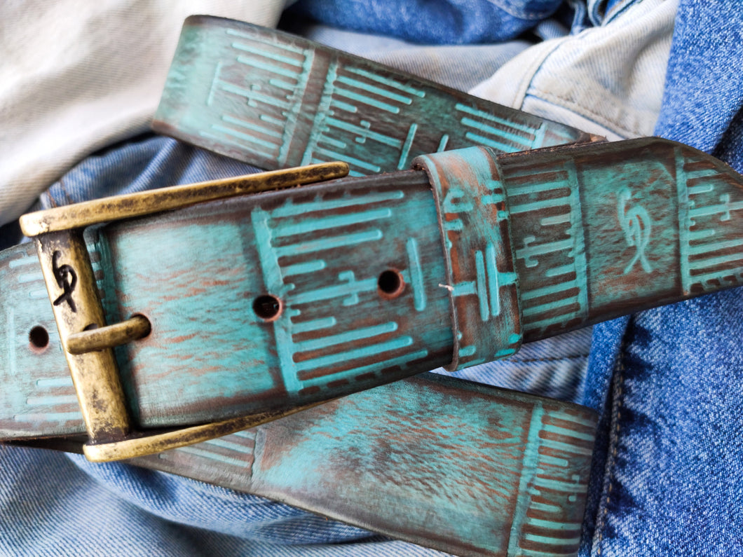 Handmade Turquoise Brown Leather Belt - Personalized and Unique Gift for Him