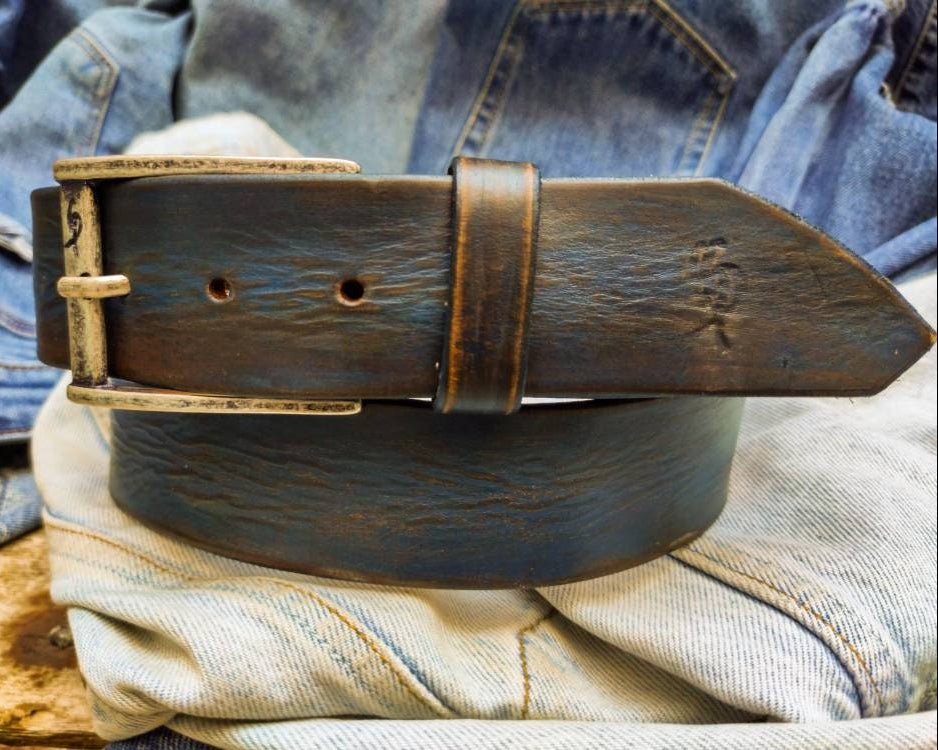 Handcrafted BlueBrown Leather Belt - 42cm Rustic Unique Perfect for Jeans