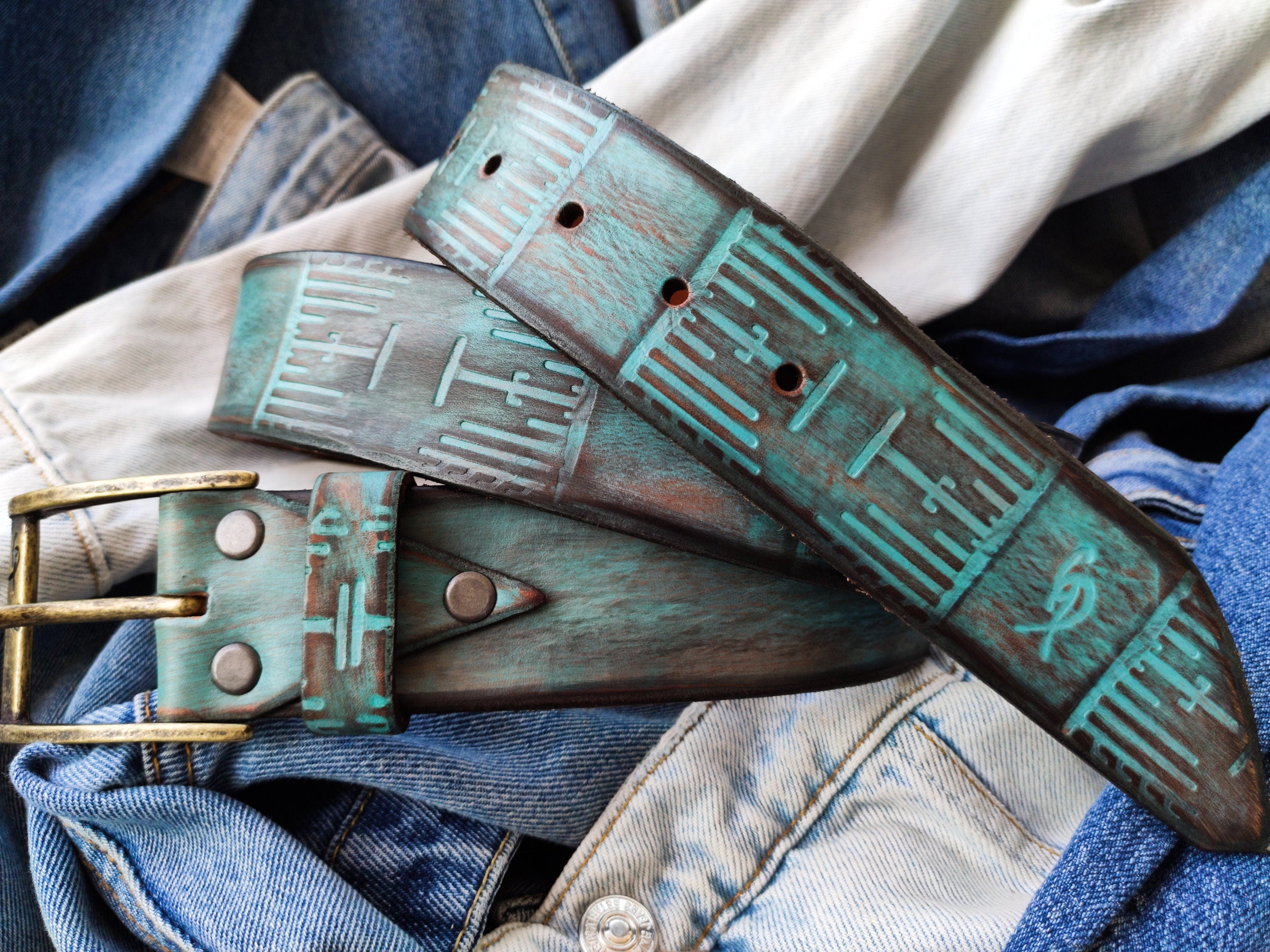 Handmade Turquoise Brown Leather Belt - Personalized and Unique Gift for Him