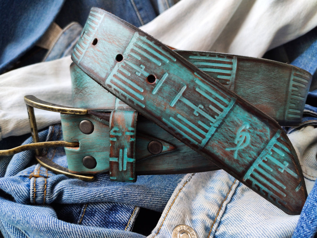Handmade Turquoise Brown Leather Belt - Personalized and Unique Gift for Him