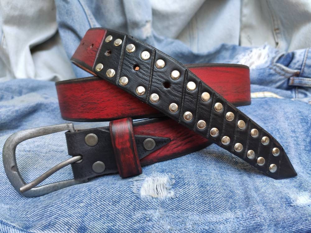 Custom Red Leather Steampunk Belt for Men with Studs - Christmas Gift Design Accessory