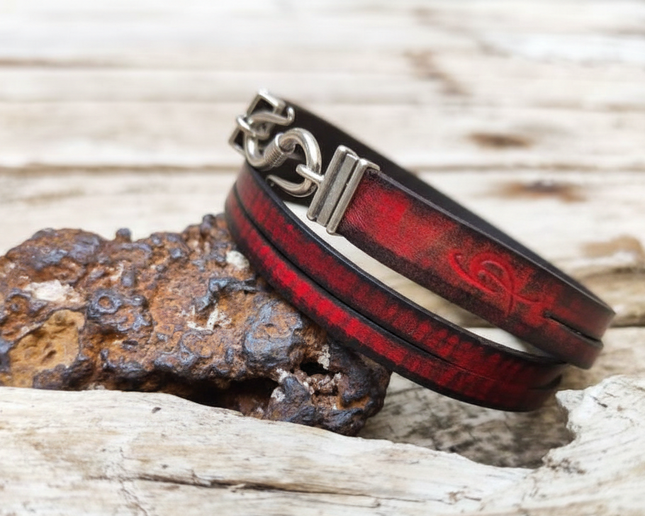 Red Leather Bracelet, Men's Bracelet, Men's Leather Bracelet, Wrap Bracelet, Leather Cuff, Men's Cuff, Genuine Leather, Cuff with Clasp