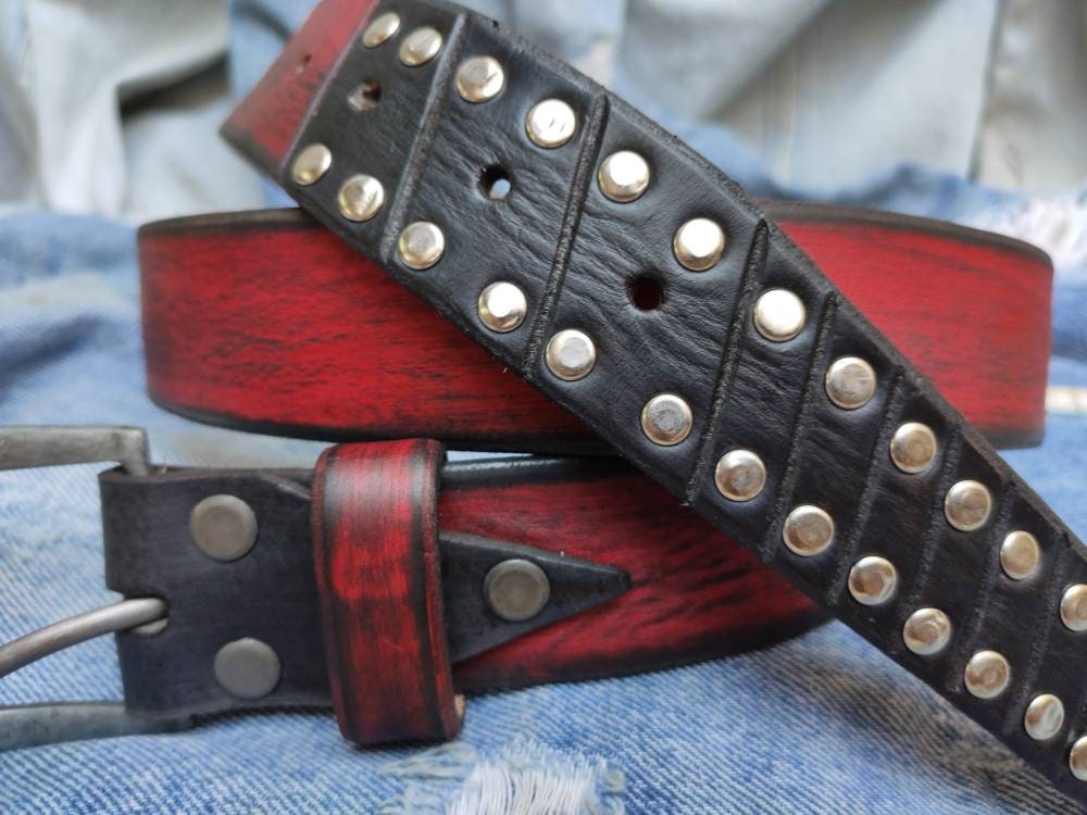 Mens Steampunk Red Leather Studded Belt - Custom Design Christmas Gift Mens Apparel