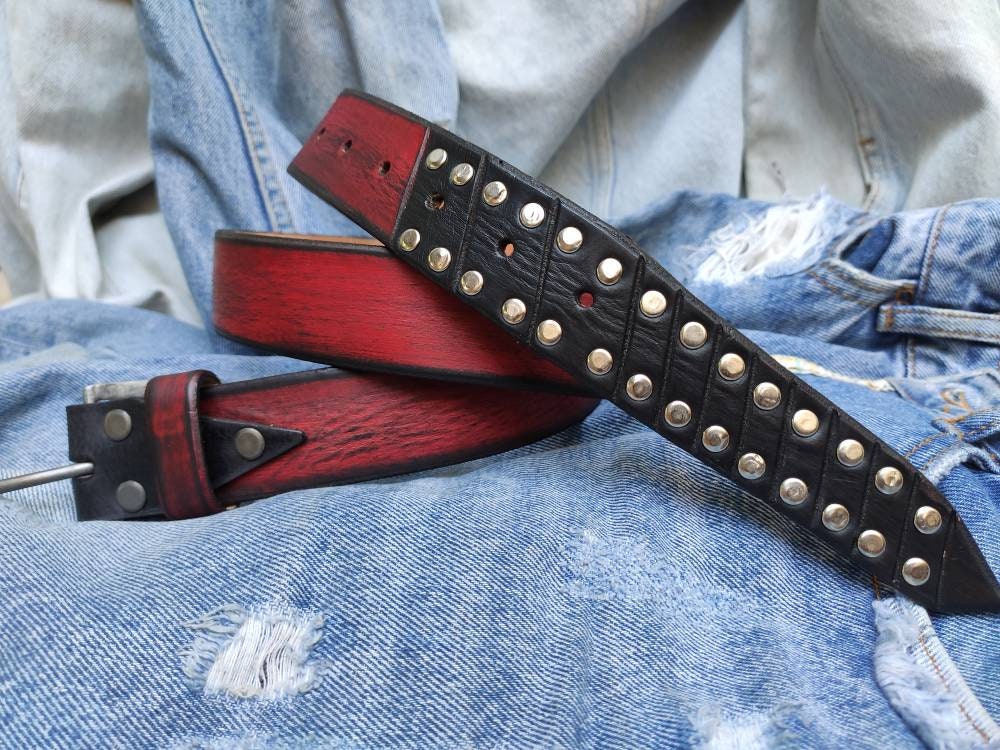 Custom Red Leather Steampunk Belt for Men with Studs - Christmas Gift Design Accessory
