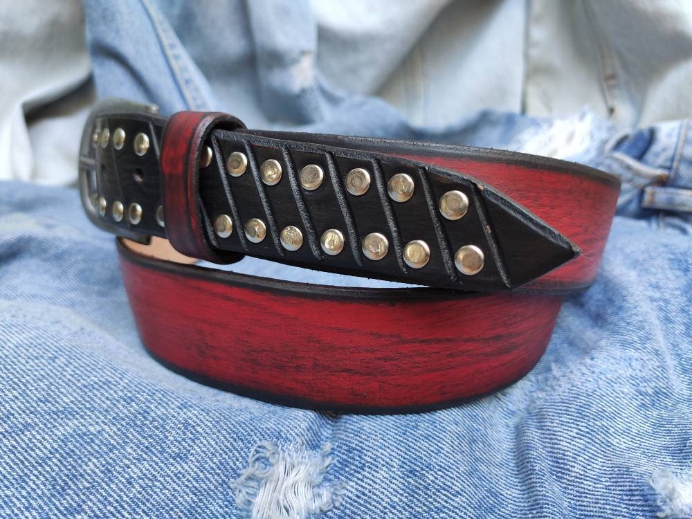 Custom Red Leather Steampunk Belt for Men with Studs - Christmas Gift Design Accessory