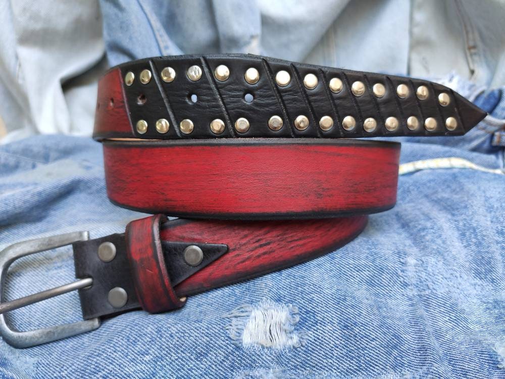 Custom Red Leather Steampunk Belt for Men with Studs - Christmas Gift Design Accessory