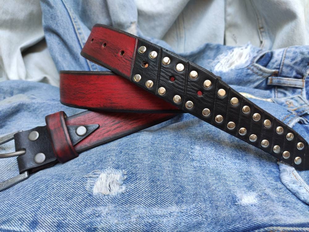 Mens Steampunk Red Leather Studded Belt - Custom Design Christmas Gift Mens Apparel