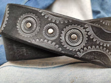 Brown Leather Bikers Belt - Steampunk Style - Ishaor - Embossed Gear Design
