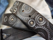 Brown Leather Bikers Belt - Steampunk Style - Ishaor - Embossed Gear Design