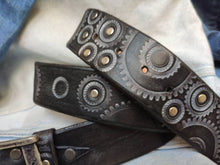 Brown Leather Bikers Belt - Steampunk Style - Ishaor - Embossed Gear Design