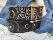 Brown Leather Bikers Belt - Steampunk Style - Ishaor - Embossed Gear Design
