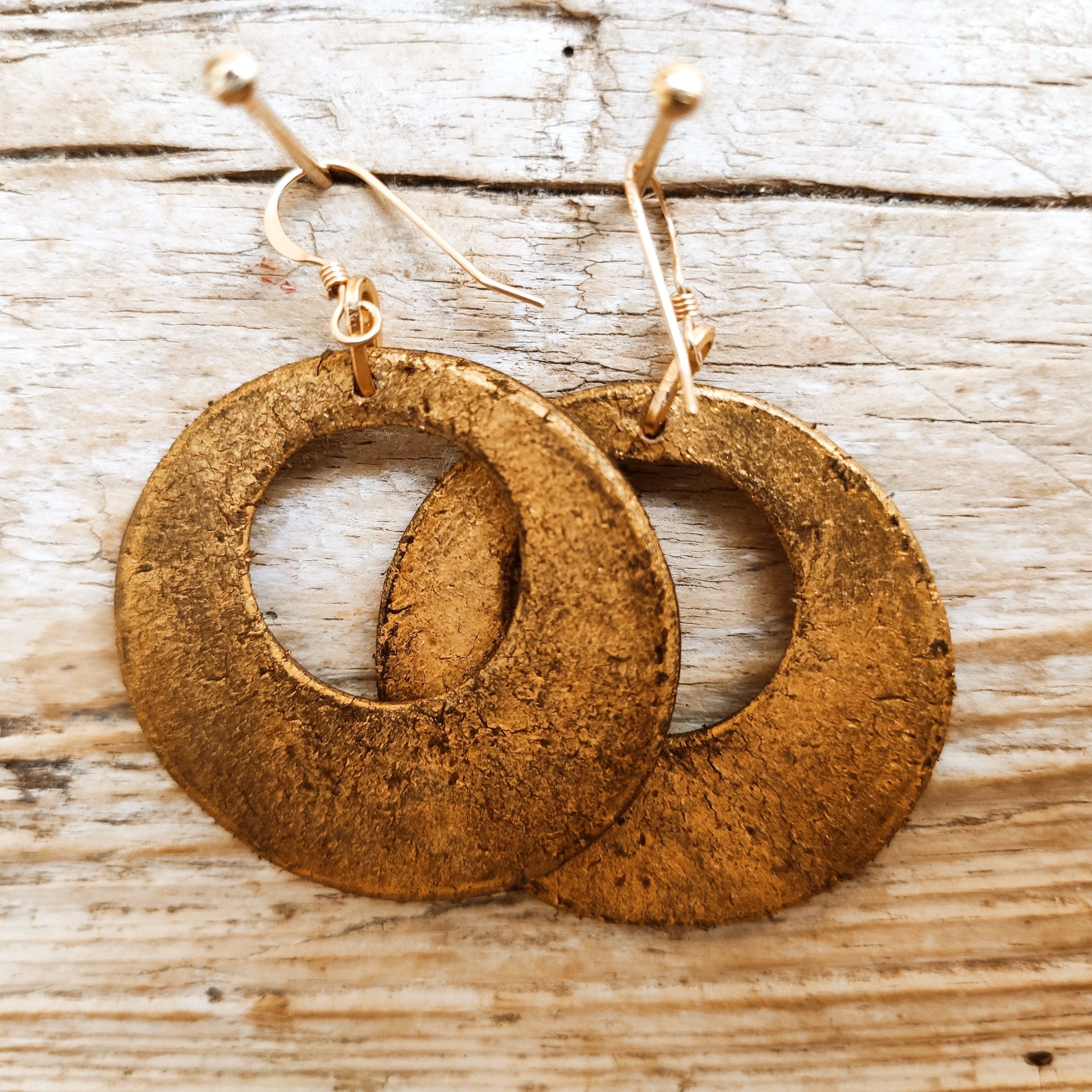 Handmade Brown Leather Earrings with Stamps of Computer Part and Gold - Reversible Design
