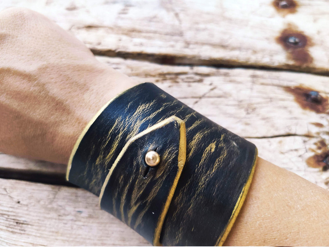 Personalized Black Leather Wrap Bracelet Geometric Design Gold Wash Statement Piece