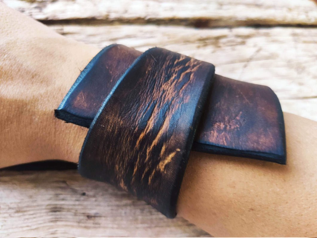 Brown Leather Wrap Bracelet with Unique Geometric Design - Personalized Option Available