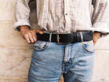 Black Leather Mens Belt with Silver Buckle and Personalization Option