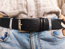 Black Leather Mens Belt with Silver Buckle and Personalization Option