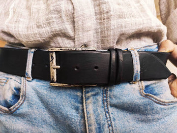 Black Leather Mens Belt with Silver Buckle and Personalization Option