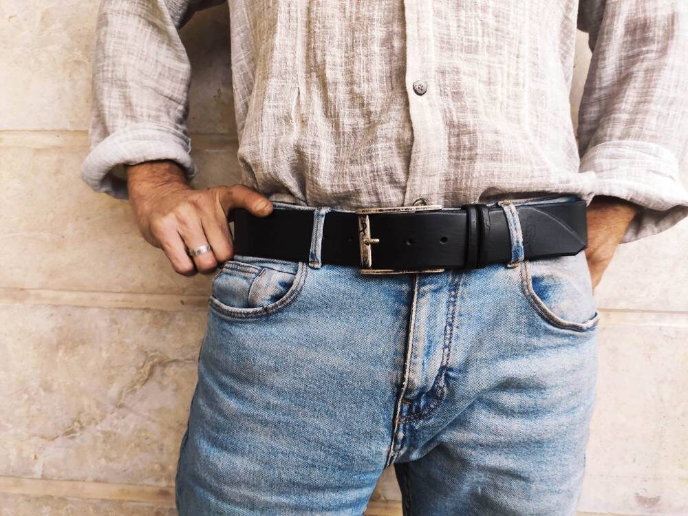 Personalized Black Leather Mens Belt with Silver Buckle - Genuine Leather Perfect Christmas Gift for Him by Ishaor
