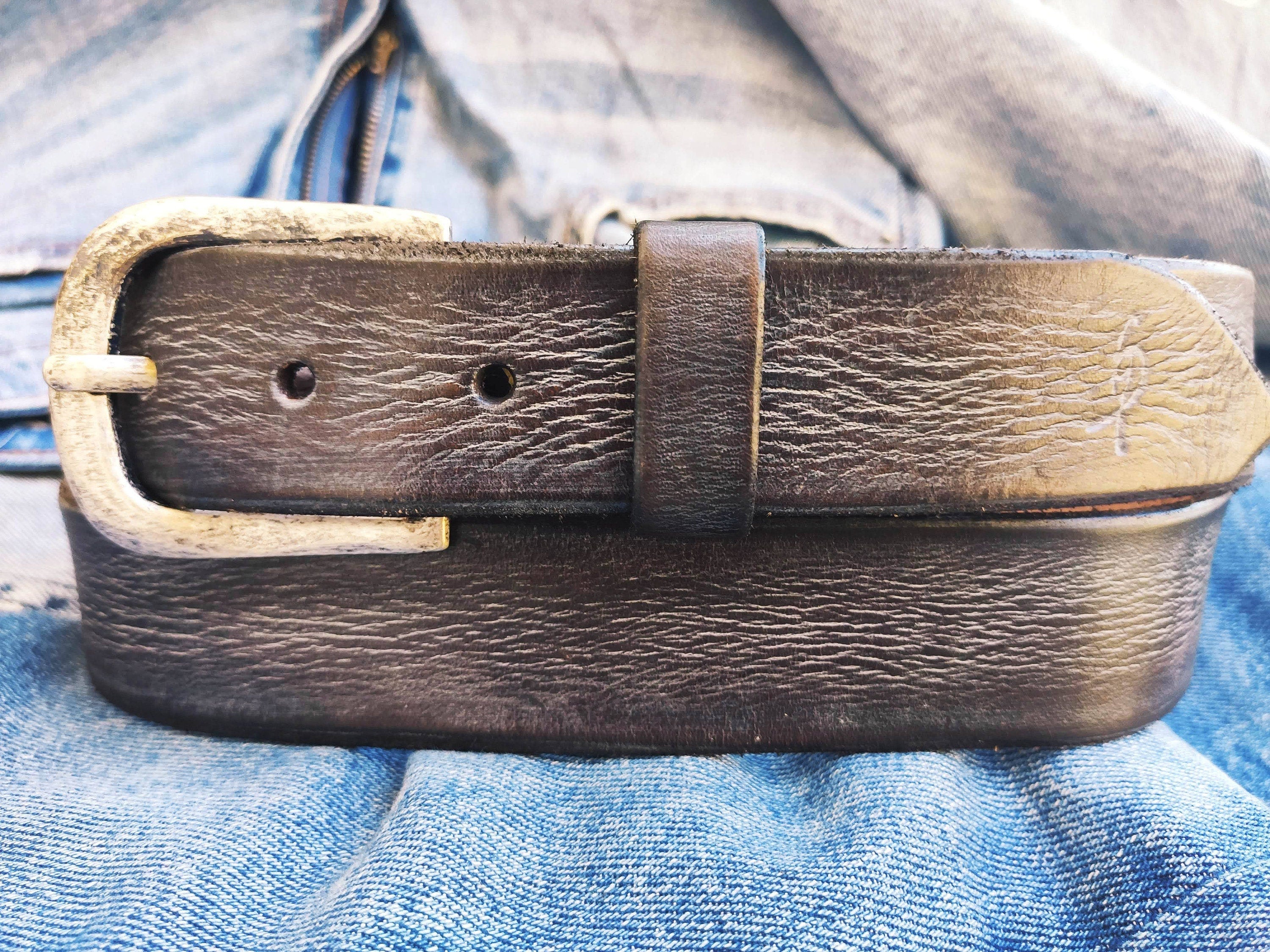 Ishaor Brown Leather Belt with Gray Patina - Perfect Color for Any Outfit - Best Gift Option