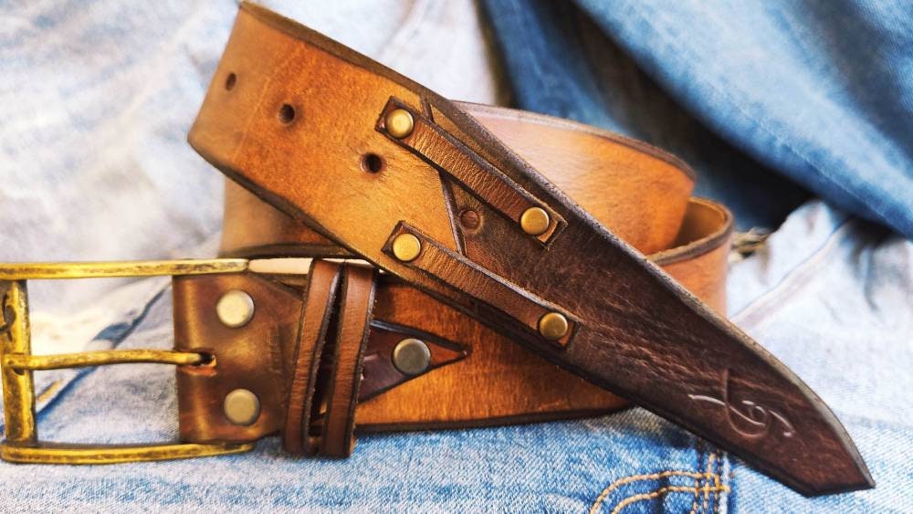 Handmade Brown Leather Mens Belt - Rodeo Style Texas Cowboy Fashion - Customizable