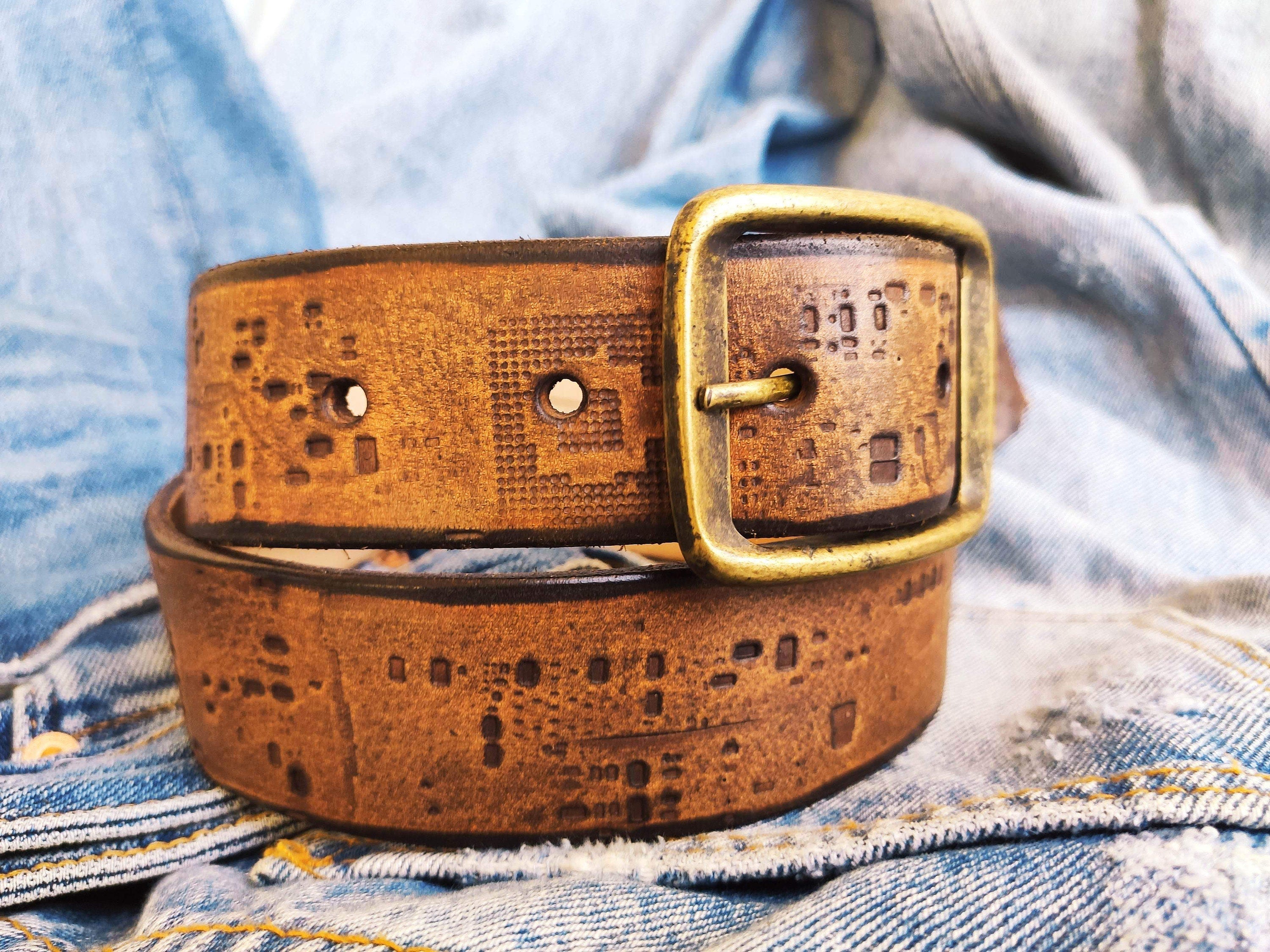 Personalized Western Brown Leather Belt with Electronic Stamp - Unique Design for Him and Her