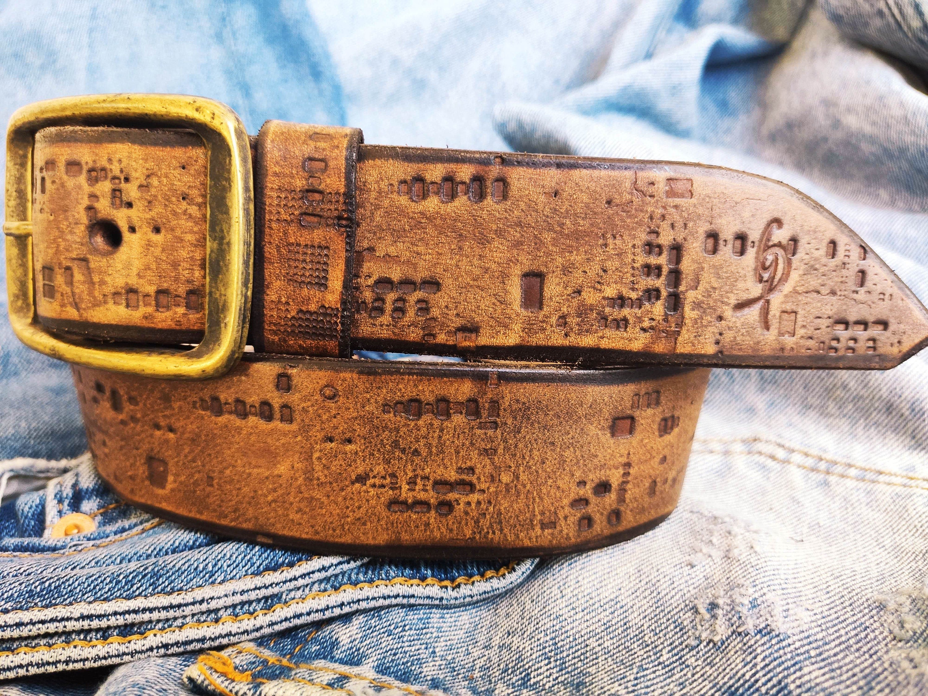 Western Style Brown Leather Belt with Unique Design - Personalized Gift for Him and Her - Electronic Stamp - Perfect for Any Occasion