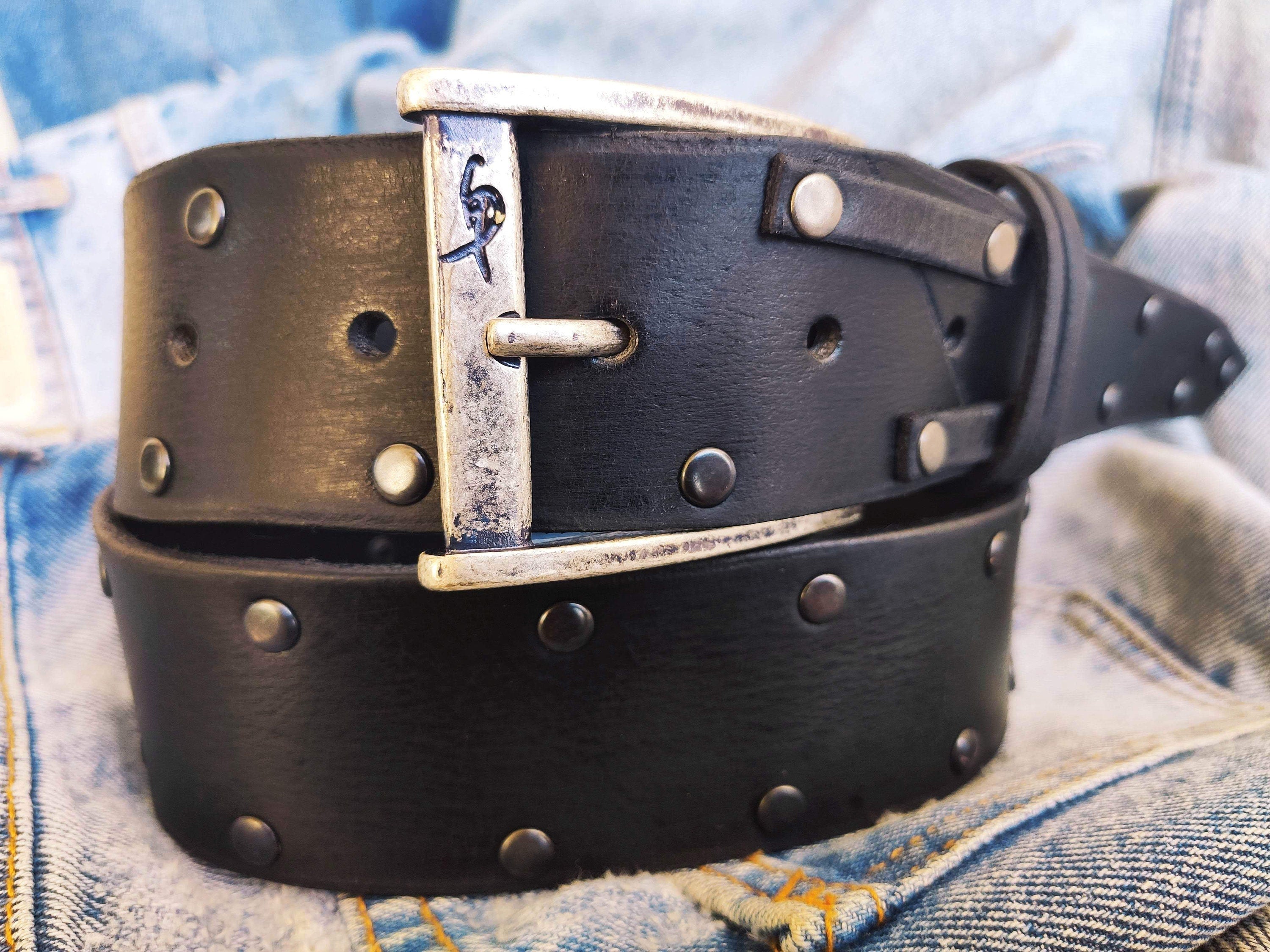 Mens Black Leather Belt with Rivets - Rock and Roll - Gift for Men