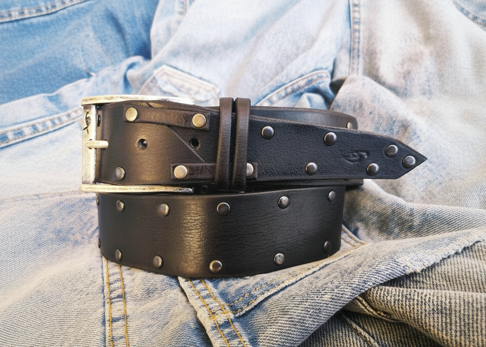 Mens Black Leather Belt with Rivets - Rock and Roll - Gift for Men