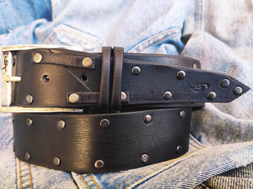 Mens Black Leather Belt with Rivets - Rock and Roll - Gift for Men