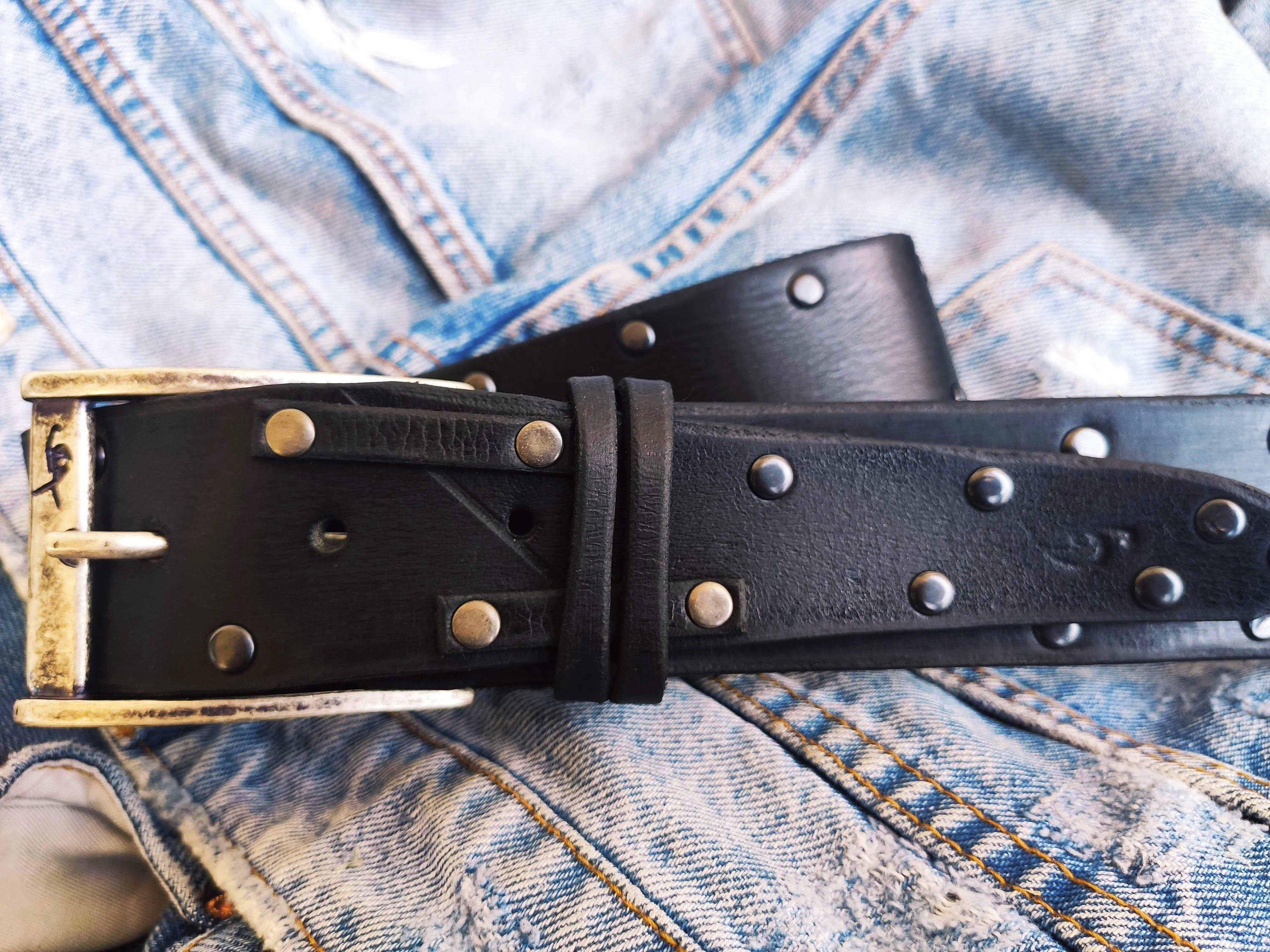 Mens Black Leather Belt with Rivets - Rock and Roll - Gift for Men