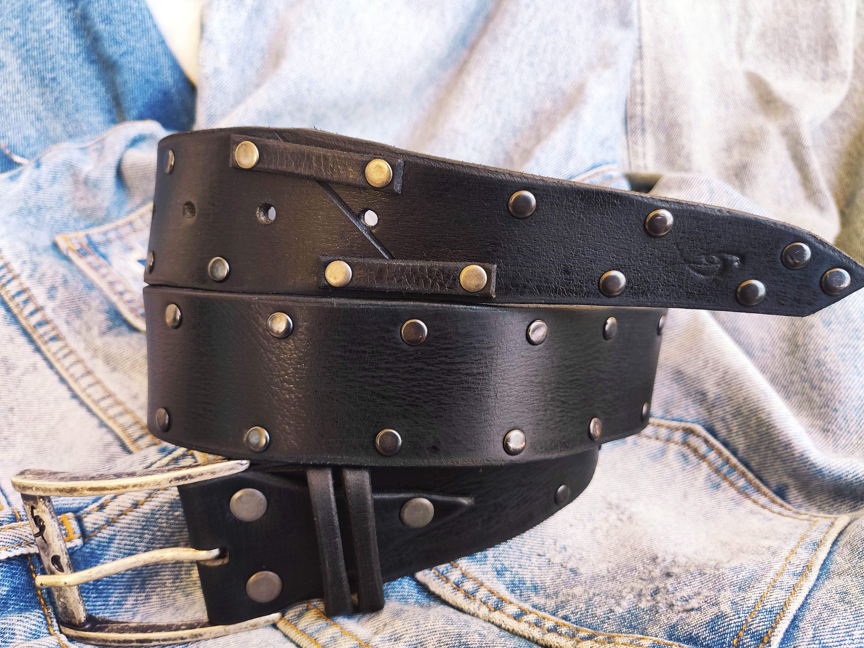 Mens Black Leather Belt with Rivets - Rock and Roll - Gift for Men