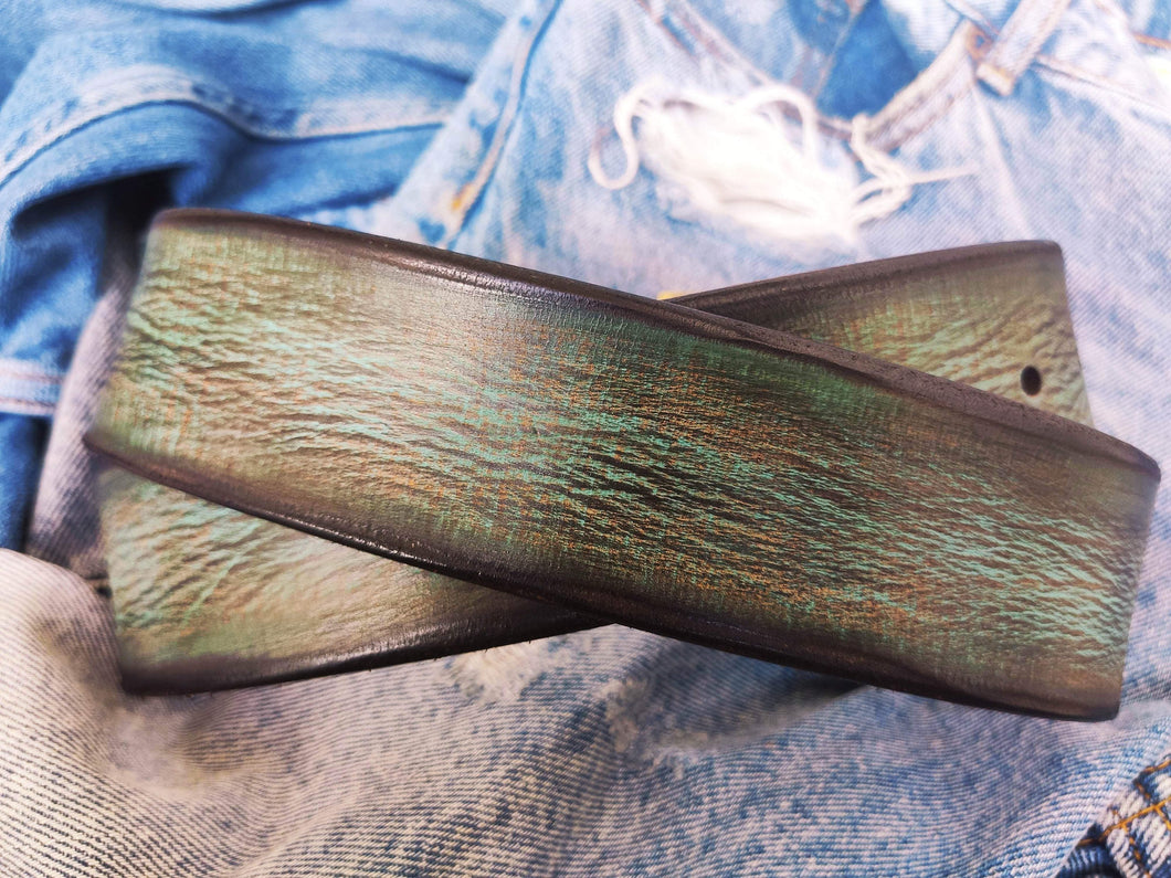 A vintage turquoise leather belt with brown wash, amazing unique color the perfect gift for him for the holidays that can be personalized