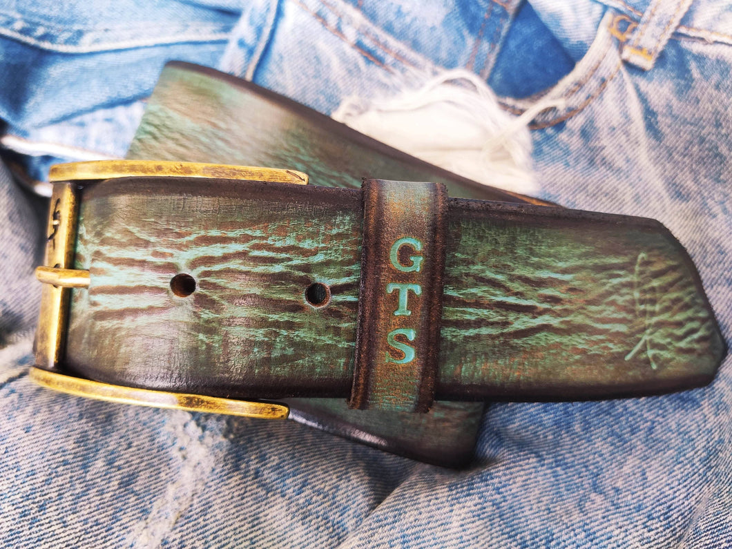 A vintage turquoise leather belt with brown wash, amazing unique color the perfect gift for him for the holidays that can be personalized